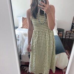 Scotch and Soda yellow plaid shirred midi dress